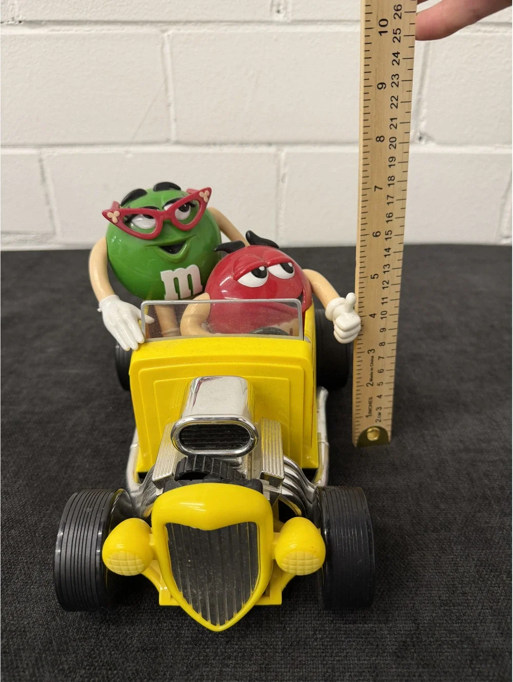 M&M's Yellow Hot Rod Car with Red and Green Characters Figurine
